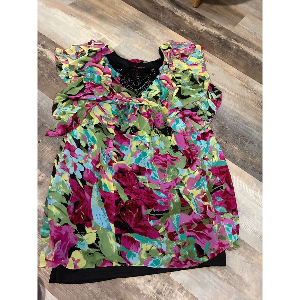 Signature by Robbie Bee Floral Flutter Sleeve Blouse Crochet Neck Plus Size 14W